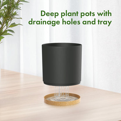 Meowell 8/7/6 inch Flower Pots, 3 Pack Cylinder Plant Pots for Outdoor Indoor Plants, Decorative Plastic Planters with Drainage Holes and Saucers for Garden House Plants, Black with Brown