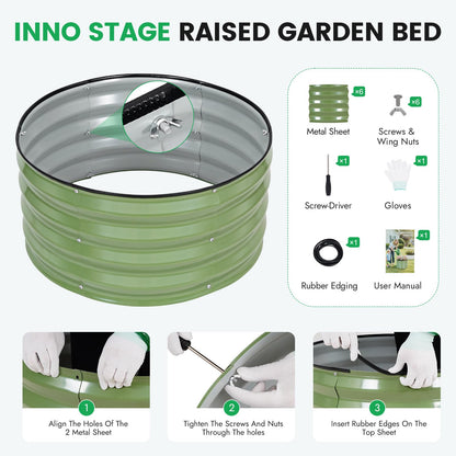 INNO STAGE 3 Pcs Round Galvanized Raised Garden Bed — 2×2×1ft Planter Box Outdoor Raised Beds Kit for Gardening Vegetables, Fruits, Herbs, and Flowers, Olive Green