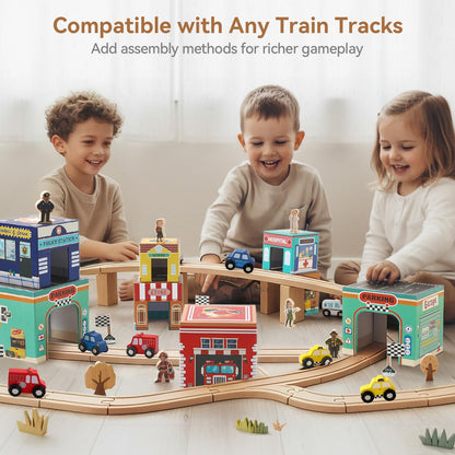 3-in-1 Sorting and Stacking Toys for Toddlers | Wooden Community Helpers, Nesting Boxes & Vehicle Track | Montessori Preschool Learning Toys Gift for 2 3 4 Year Old Boys Girls