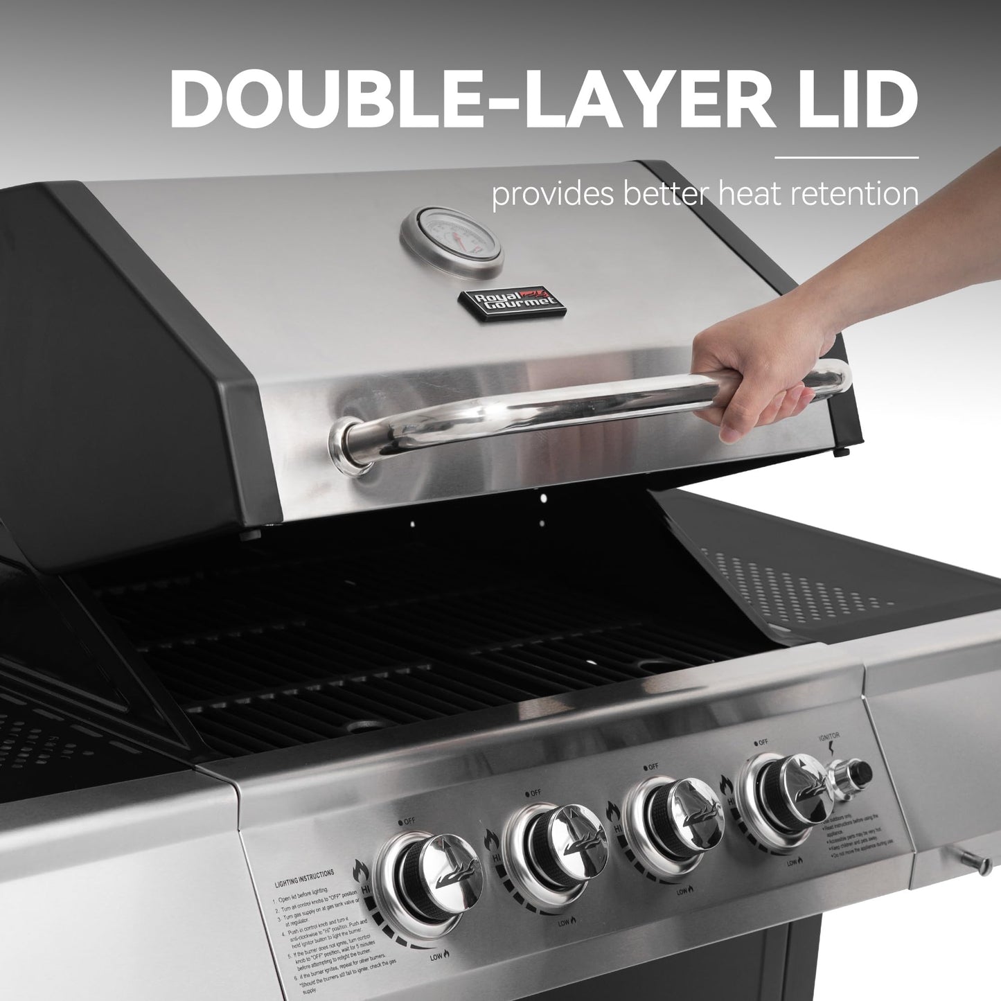 Royal Gourmet 4-Burner Propane Gas Grill with Warming Rack, Outdoor BBQ Grill with 34,000 BTUs Output for Patio Garden Barbecue Grilling, Black & Silver