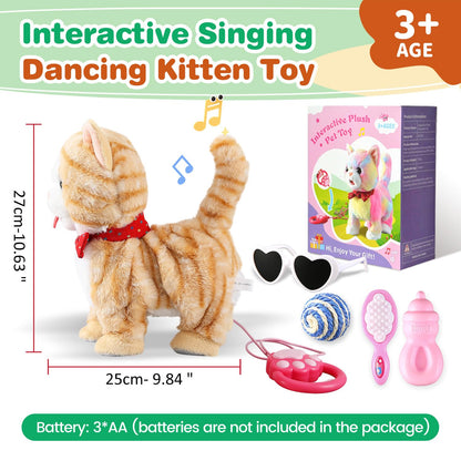 Yellow Walking Cat for Girls Set Toy Talking Singing Animated Robot Kitty Interactive Plush for Cat for Kids Kitten Robotic Plush That Meow and Purrs Electric Robot for Toddlers Baby