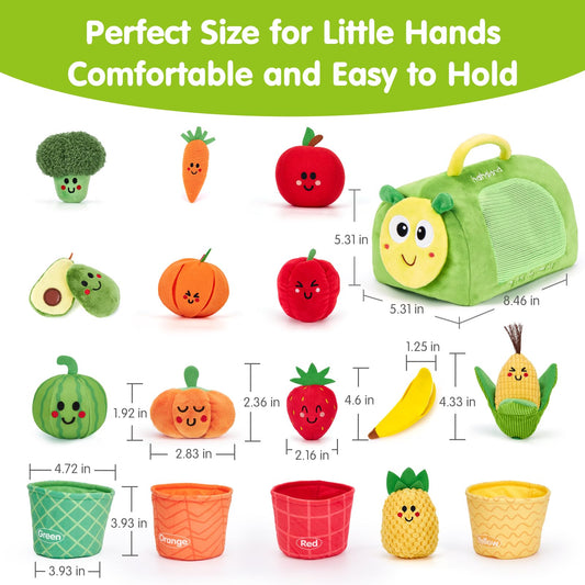hahaland Montessori Toys for 1 Year Old - 17 PCS My First Fruit Vegetable Sensory Toys Color Sorting Plush Play Food with Caterpillar Storage Bag, 6 9 Month Old Baby Toys 6-12 Months One Year Old Gift