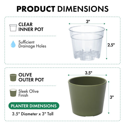 Phoenix Vine 3.5 Inch Olive Plastic Cachepot with Clear Nursery Pot, Decorative Lightweight Planter Cover with Transparent Inner Pot for Indoor Houseplants, Pack of 8, 24-A-F-8
