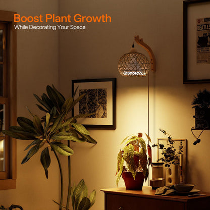 Bstrip Hanging Grow Lights for Indoor Plants, 18W Full Spectrum Plant Light, Boho Rattan Lantern Shade, 3800K Wall-Mounted Decorative Grow Light with 9.8FT Power Cord for Indoor Plant Growing, Flowers