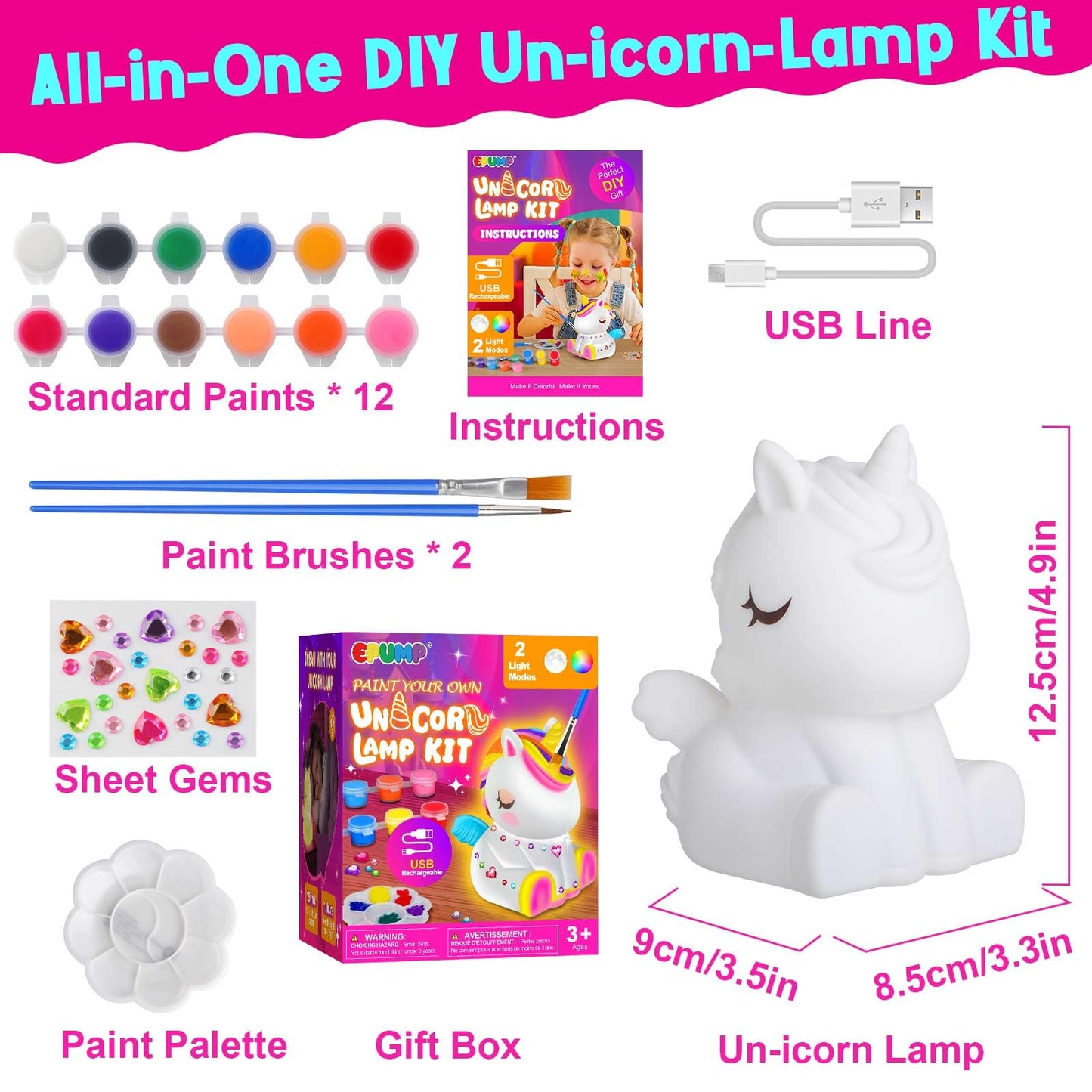 EPUMP Paint Your Own Unicorn Lamp Kit - Rechargeable 1200mAh Night Light with 2 Light Modes, Arts and Crafts Painting Toys for Girls Boys, Art Supplies Birthday Gifts for Kids Ages 3-12+