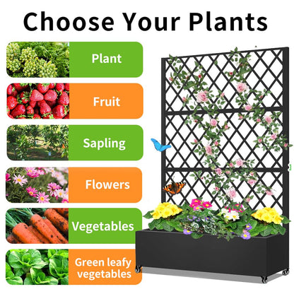 Metal Planter Box with Privacy Screen Trellis,Galvanized Raised Garden Bed On Wheels for Climbing Plants Vines, Standing Garden Flower Bed with Drainage Holes (Black, 47" L x16 W x 73" H)