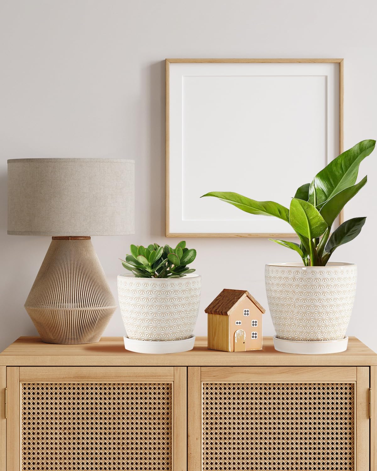 Swkien Plant Pots, Flower Pots, Planters for Indoor Plants(6.5+5.5inch), Flower Pots for Indoor Plant with Drainage Hole and Saucer, Ceramic Pots for Plants with Hole Mesh Pad,Reactive Glaze White