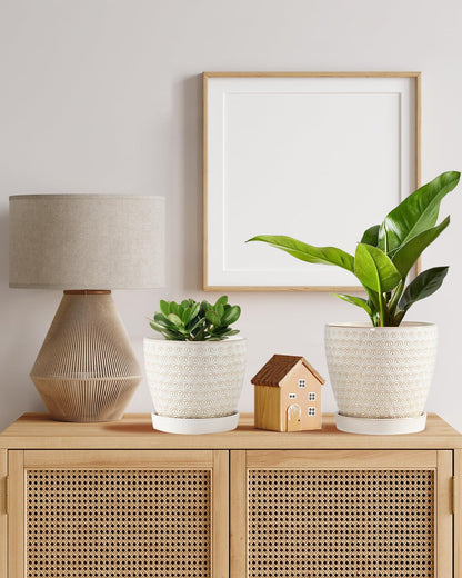 Swkien Plant Pots, Flower Pots, Planters for Indoor Plants(6.5+5.5inch), Flower Pots for Indoor Plant with Drainage Hole and Saucer, Ceramic Pots for Plants with Hole Mesh Pad,Reactive Glaze White