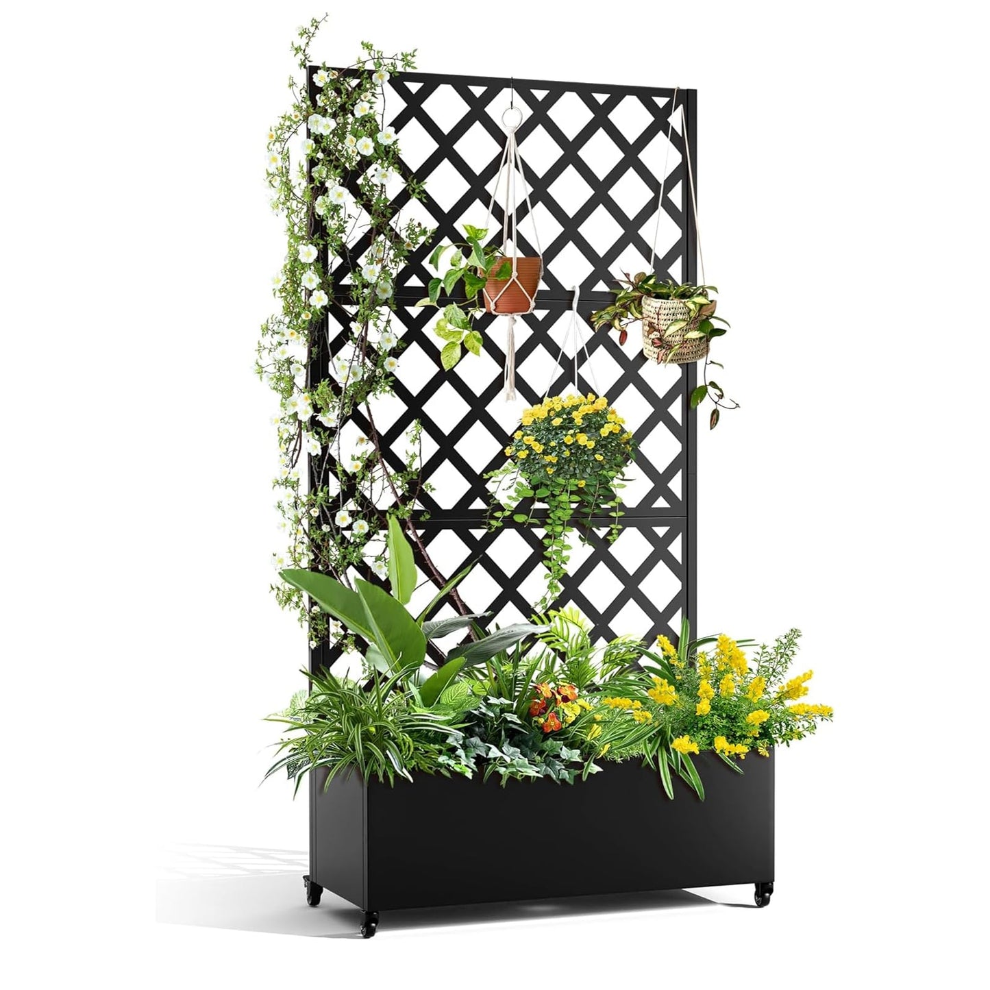 PeacefulHues Metal Planter Box, Galvanized Raised Garden Bed with Wheels & Trellis - 72"x35" Planter Box for Climbing Plants, Vines, Flowers, Black