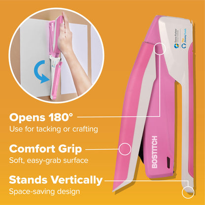 Bostitch Office InPower Spring-Powered Desktop Stapler, 20 Sheet Capacity, One Finger Stapling, Includes 210 Staples, Jam Free, Opens for Tacking, Breast Cancer Awareness Pink
