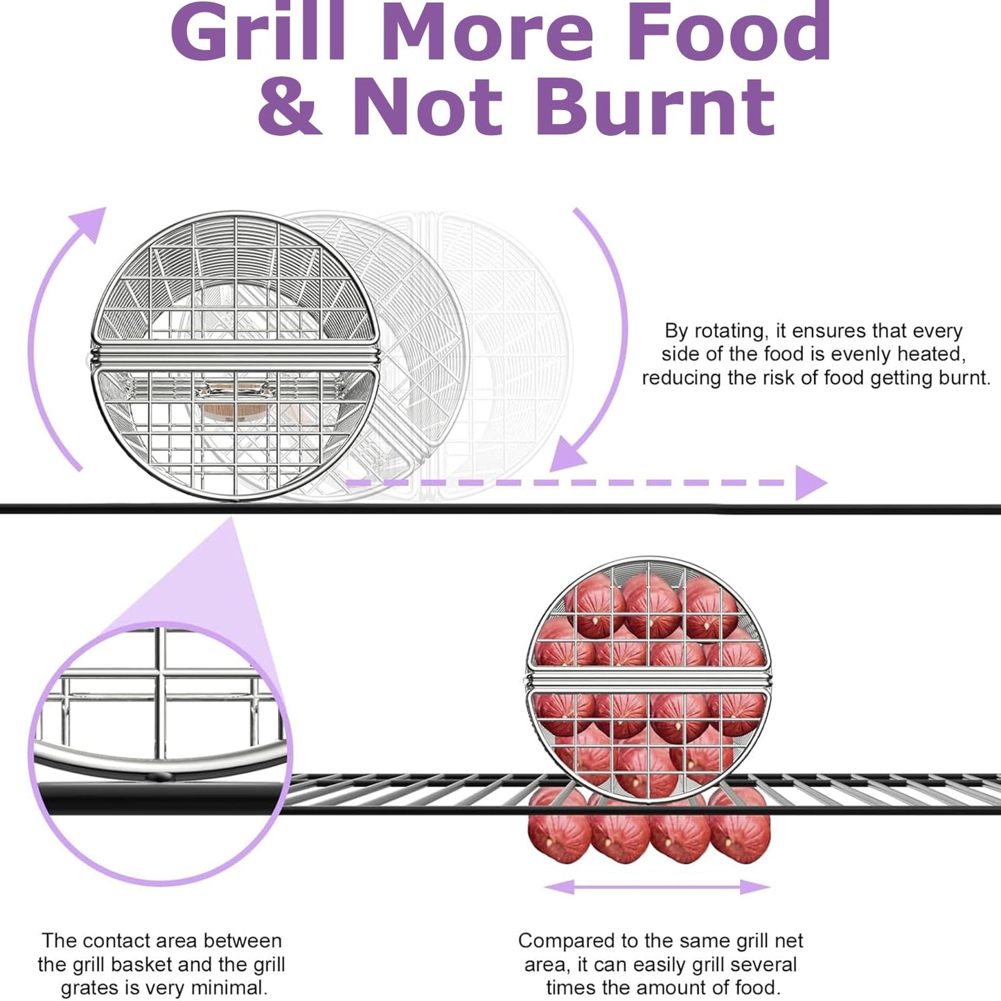 GAUYEBY Rolling Grill Basket, Grill Baskets for Outdoor Grill, REMOVABLE HANDLE, Anti-Scorch Stainless Steel BBQ Net Tube for Meat, Shrimp, Vegetables, Grill Accessories, Gifts for Dad, Husband (Round)