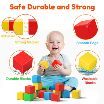 Magnetic Blocks,1.42 inch 32pcs Large Magnetic Building Block for Toddlers 3 4 5 6 7 8 Year Old Boys Girls Color Magnet Cubes Learning Toys for Kids 1-3 Sensory Toys Age 4-8 Christmas Birthday Gifts