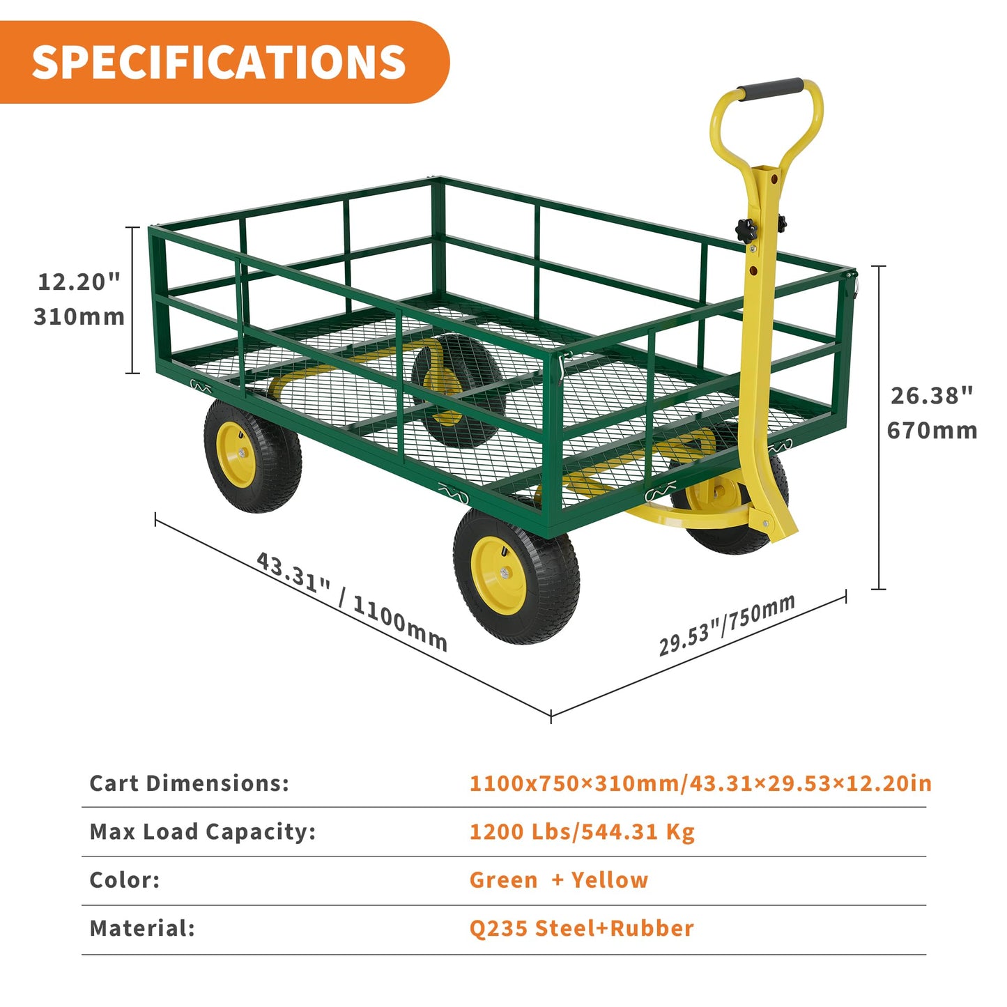 3-in-1 Heavy-Duty Steel Garden Cart, 1200 Lbs Garden Wagon, with 13 Inch All-Terrain Tires and Removable Mesh Side Panels, 180° Rotating Handle, Metal Utility Yard Trailer, Outdoor Gardens Wagon Cart