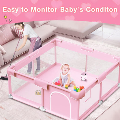 Pink Baby Playpen 50x50 Inches Playpen for Little Princess Play Yards Indoor & Outdoor Sturdy Safety Baby Girls Play Pen with Soft Breathable Mesh Toddlers Activity Center with Anti-Slip Base