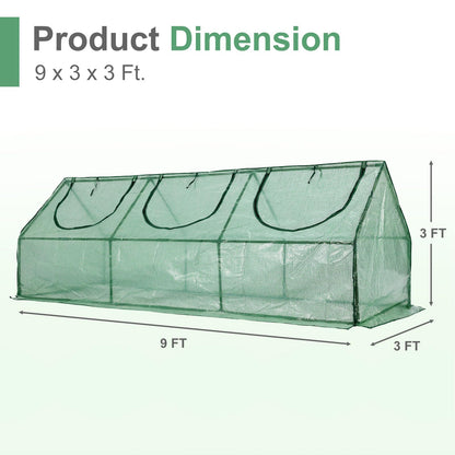 Aoodor 9 x 3 x 3 ft Mini Greenhouse with 3 Zipper Doors, Water-Resistant, UV-Protected for Flowers, Vegetables, and Herbs, Green