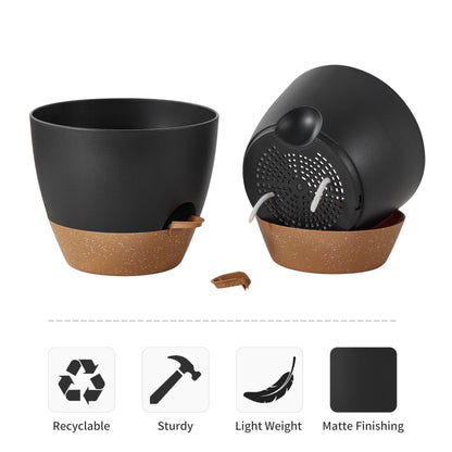 FaithLand 3-Pack Large Planter Pots, 12 10 9 Inch Self Watering Flower Pots for Indoor Outdoor Garden Plants, Black with Brown
