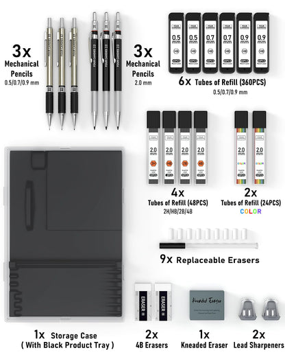 Four Candies 25PCS Mechanical Pencil Set with Case, Art Supplies with Metal Pencil 0.5, 0.7, 0.9 mm & 3PCS 2mm (HB 2H 2B 4B Color) & 432 Graphite Lead Refills, Technical Drawing Kit for Teen & Adults