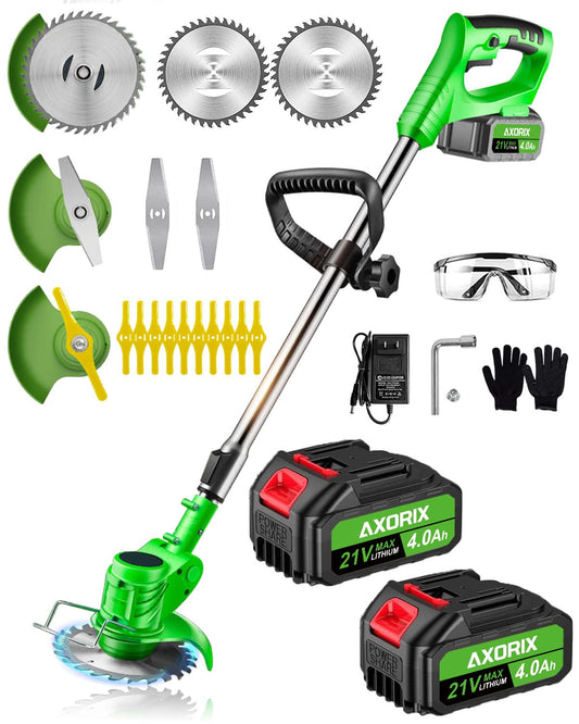 Electric Weed Wacker Cordless, with 2Pcs 4000mAh Batteries, 21V Cordless Brush Cutter, Lightweight Weed Cordless Eater Battery Powered, Stringless Grass Trimmer, 3 Types Blades (Green)