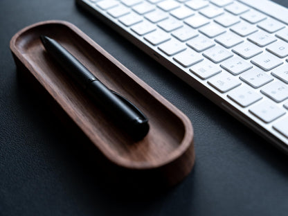 Timber Box Design Walnut Wood Pen Tray, Minimalist Oval Wooden Pencil Holder, Office Desk Organizer, Writing Instrument Rest, Work Student Teacher Gift