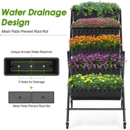 SEJOV 2 Pack Vertical Raised Garden Bed, 5-Tier Vertical Garden Planter with Drainage System, Larger Elevated Planter Box for Herbs Vegetables Flowers Indoor Outdoor (Black with Lockable Wheels