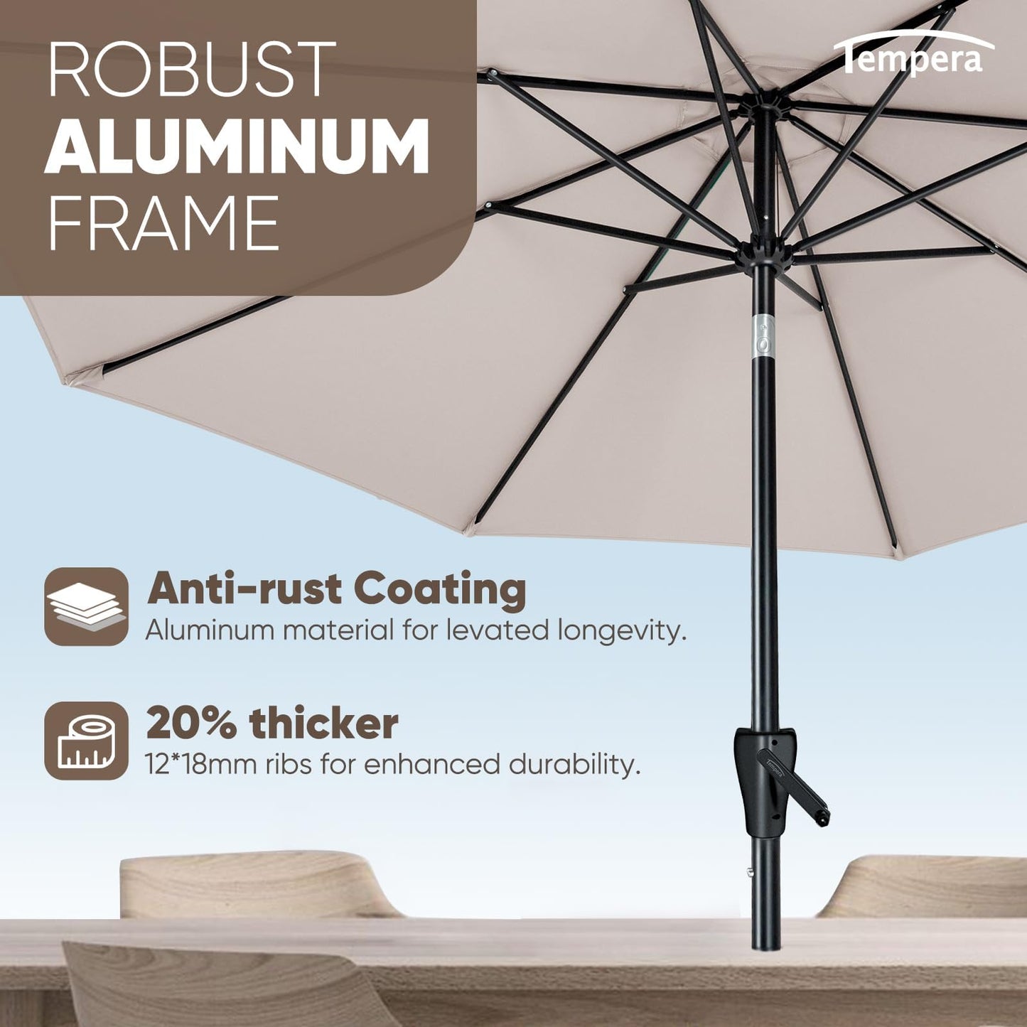 Tempera 9ft Patio Market Outdoor Table Umbrella with Push Button Tilt and Crank, Large Sun Umbrella with Sturdy Pole & Fade Resistant Canopy, Easy to Set, Beige