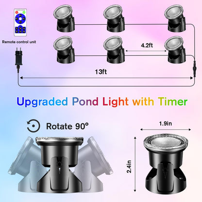 POPOSOAP 6-Head RGB Underwater Pond Lights, IP68 Waterproof LED Lights with Remote Control, Timer & Memory Function Fountain Lights for Pond Fountain Waterfall Aquarium Pool Outdoor Decoration