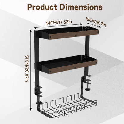 Risirica Clamp on Desk Shelf,17'' 2 Tier Office Desk Shelves Organizer with Under-Desk Hidden Storage Basket,Wood Desktop Supplies Storage Rack for Home Workspace, Study Rooms,Gaming Devices (Black)