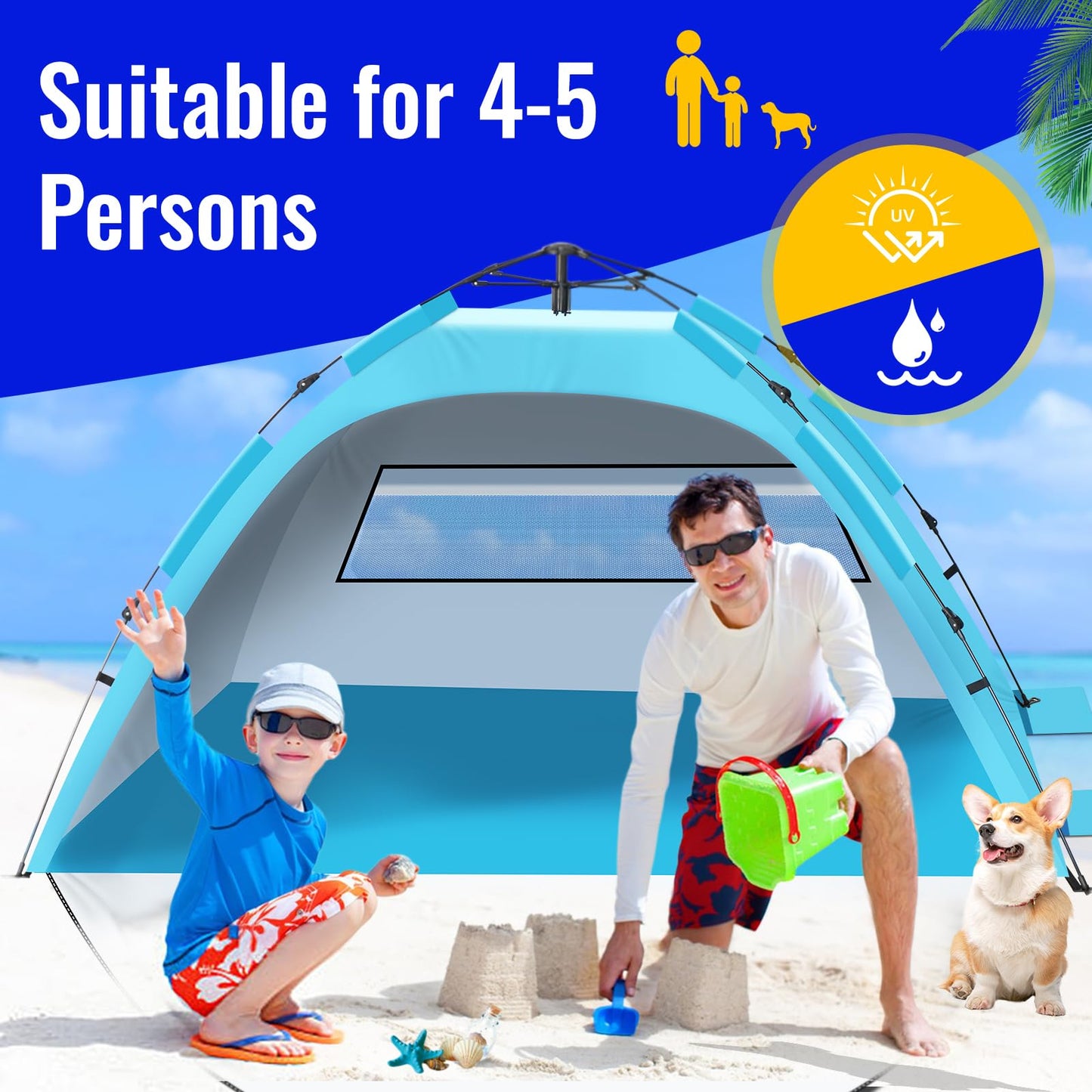 Beach Tent Sun Shelter – Pop Up Easy Setup in 3S Instant Tents for 4/5 Person Beach Umbrella Sun Shelter Shade, UV 50+ Protection, Wind Resistant, Lightweight Portable Baby Tents Shade for Family