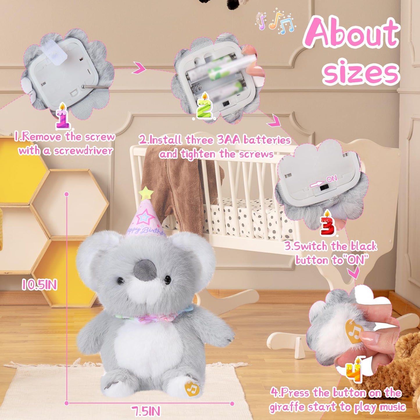 LLUKEME Birthday Koala Plush Baby Toys, Clap Activated with Voice Recording, Singing Dancing Interactive Stuffed Animal, Easter Gift for Toddlers, Birthday Party Decor