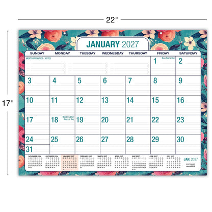 Desk PAD: 22" x 17" Large Print Desk Pad Calendar, APR 2026 - DEC 2027, 21 Months, (Teal Floral)