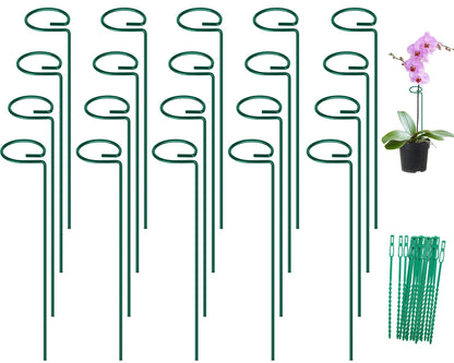 FEED GARDEN 16 Inch 20 Pack Plant Support Stakes, Metal Garden Flower Stakes and Supports for Outdoor Plants, Plant Stem Support with 40 Twist Ties for Amaryllis Lily Rose Peony Tomatoes Gladiolus