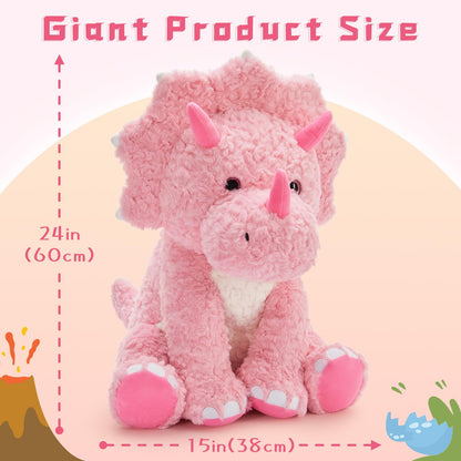 Tezituor Large Pink Dinosaur Stuffed Animals, 24inch Large Stuffed Dinosaur Plush Toys for Boys Girls, Hugging Soft Dino Triceratops Plush Pillow Praty Valentine's Day Gift for Girlfriend