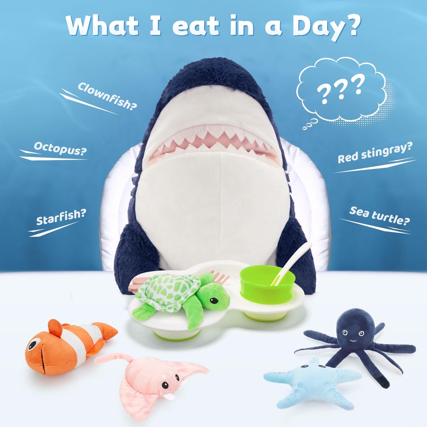 MaoGoLan 6Pcs Soft Shark Stuffed Animals with 5 Sea Animals Inside - Bulk Plush Toys Stuffed Shark Stingray Octopus Turtle Clown Fish Starfish, Kids Party Favors Valentine's Day Gifts Christmas