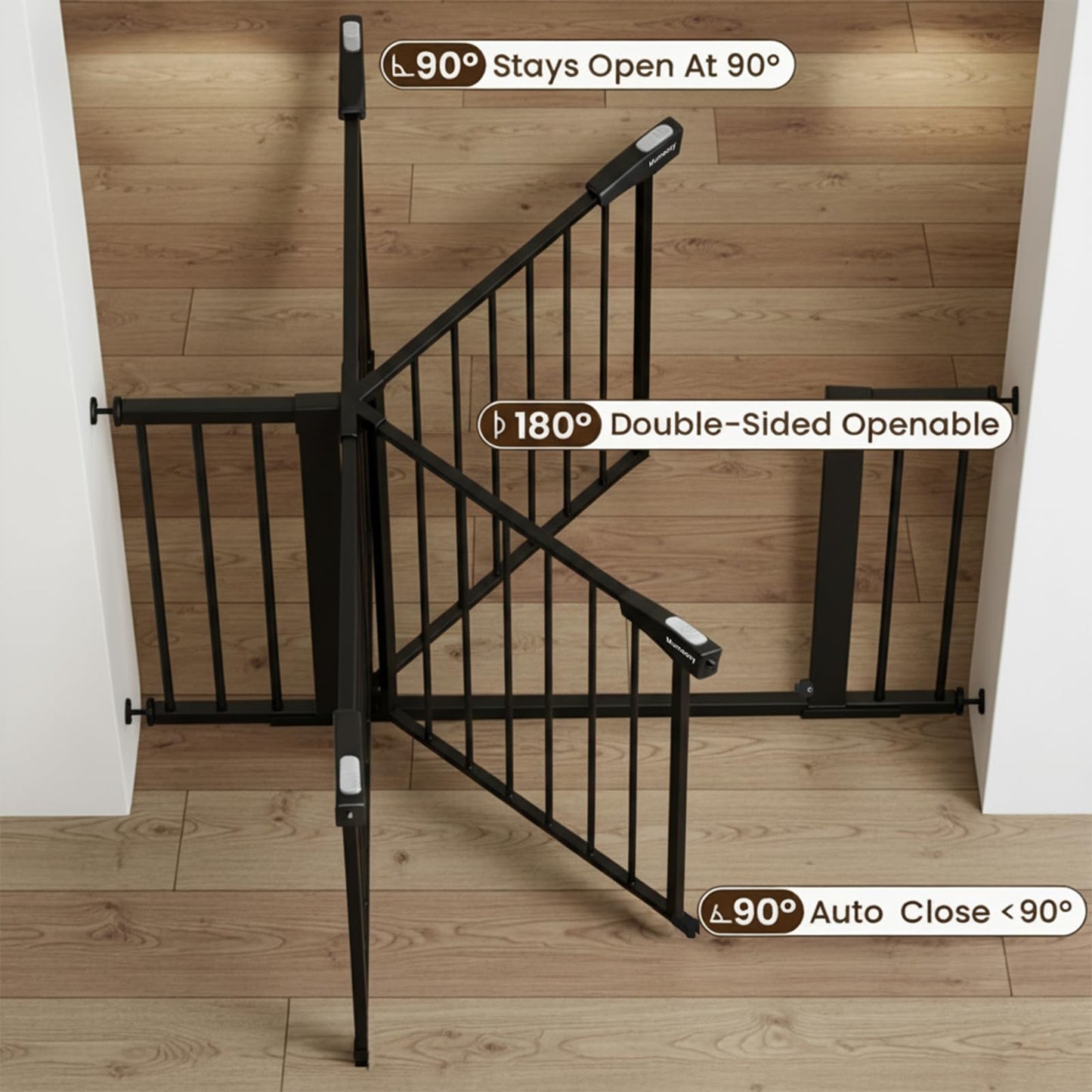 Mumeasy Baby Gate Extra Wide, 29.5-51'' Pressure Mounted Dog Gate with Walk Thru Door, Auto Close Pet Gate for House, Stairs, Doorways,Black