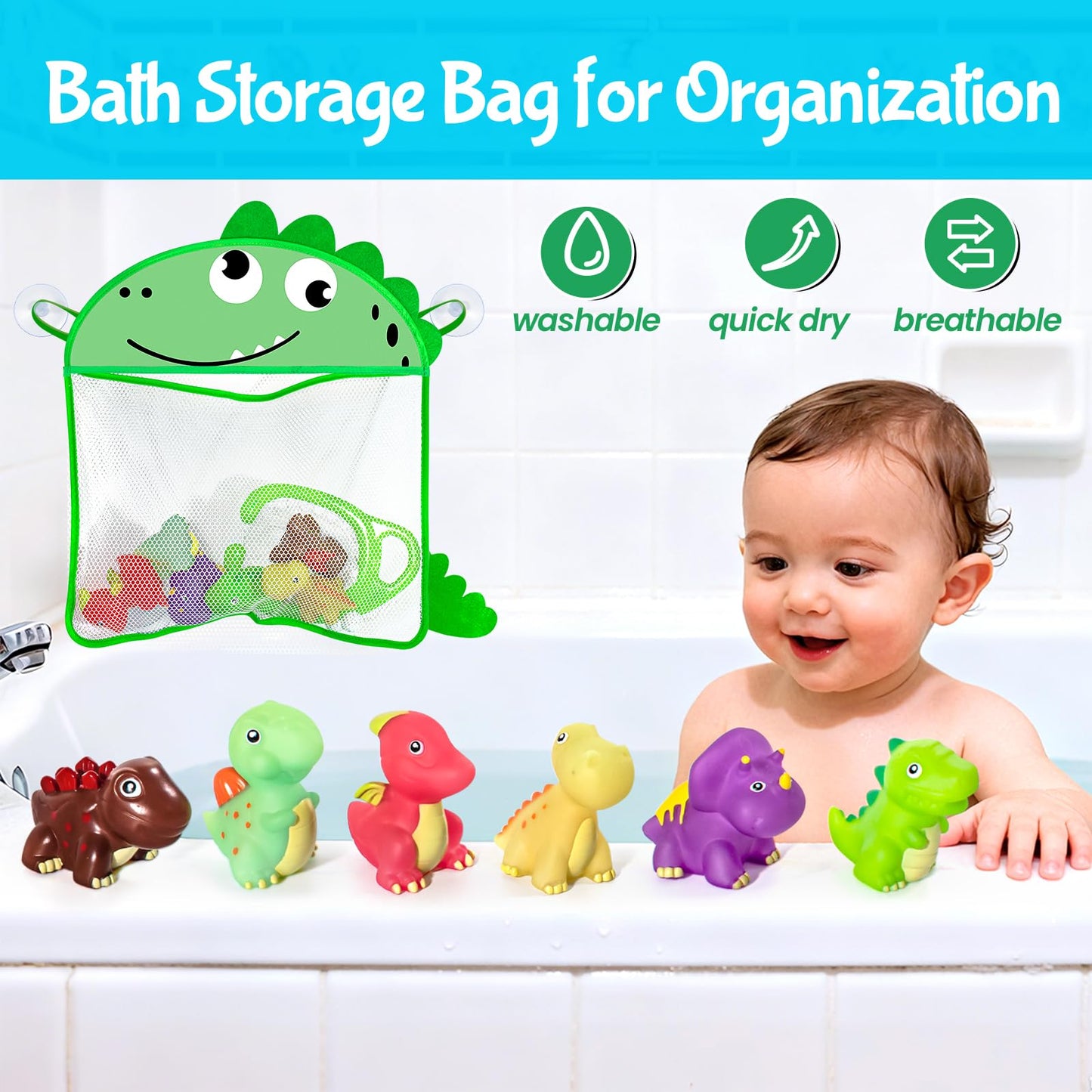 No Hole Dinosaur Bath Toys - Color Change Bath Toys for Toddlers, Fun Water Pool Bathtub Toys for Boys & Girls (with Dino net)