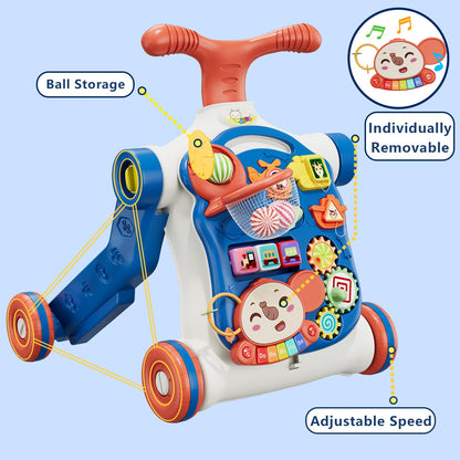 HYES 5 in 1 Baby Push Walker for Baby Boy, Activity Center Learning to Walk, Sit to Stand, Early Learning Push Toys for Infant 12 Months, Walking Toys Gift for Toddler Boys, Blue