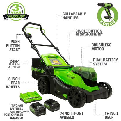 Greenworks 48V (2 x 24V) 17" Brushless Cordless Lawn Mower + 24V Drill / Driver, (2) 4.0Ah USB Batteries (USB Hub) and Dual Port Rapid Charger Included