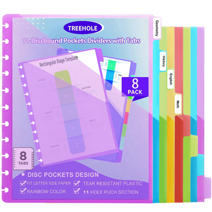 11 -Discbound Pocket Divider with 8 Tabs,1 Set Letter Size Tul Notbook Divider Folder Dis Planner Inserts for for Document Discbound System, Office Home School（8PCS