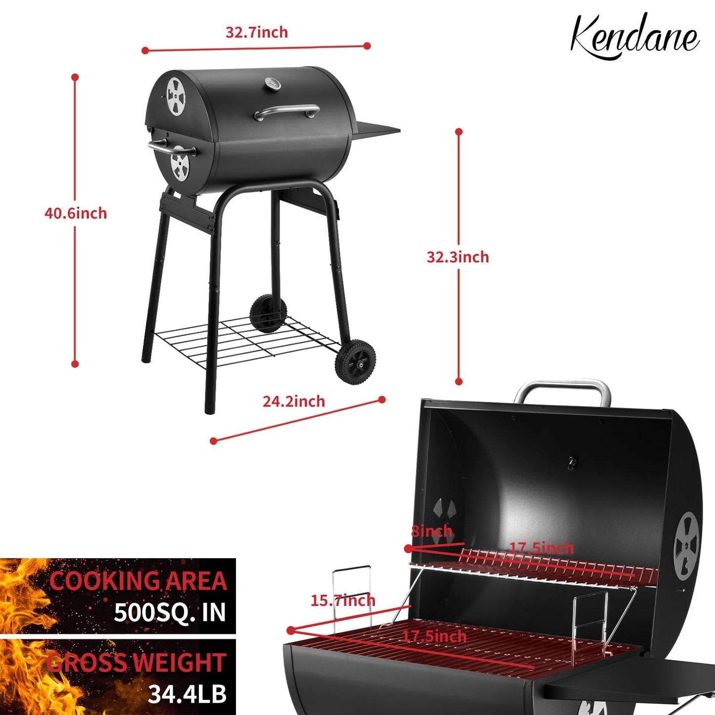 Kendane Barrel Charcoal Grill, Large Charcoal Grills with Side Shelf, Outdoor BBQ Grill,Perfect for Backyard Camping, Patio Parties, and Picnics