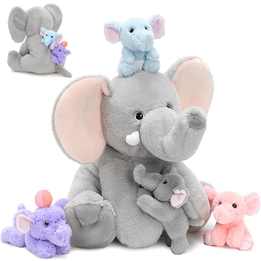 MorisMos Elephant Stuffed Animal with Rotating Trunk, 1 Mommy Elephant with 4 Babies Soft Plush Toys for Girls Boys Kids, Cute Elephant Plushie Gift for Birthday Christmas