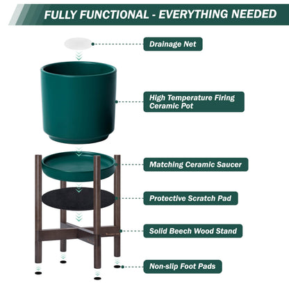 D'vine Dev Ceramic Planter with Walnut Color Stand - 8 Inch Modern Round Flower Pot with Wood Planter Holder, Teal, 55-B-Y-4