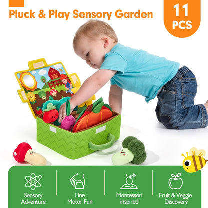 hahaland Baby Toys 6-12 Months - Fruits Vegetables Garden Plant Plush and Dancing Squid Toy - Tummy Time Toys, Crawling Toys, Wiggling Musical Standing Toy