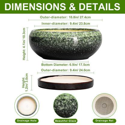 EPFamily Bonsai Pots 10 Inch - Ceramic Pots for Plants Indoor Outdoor, Succulent Pot with Drainage Hole and Saucer, Large Bonsai Planter, Round Shallow Planter, Office Decor, Gardening Gift, Green