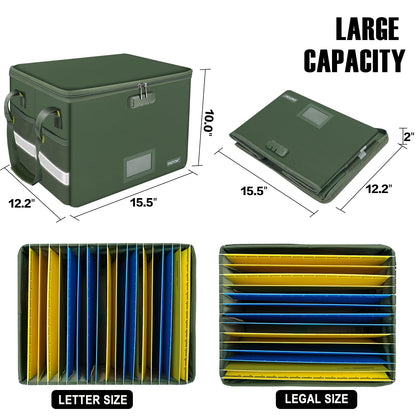 ENGPOW File Box with Lock, Fireproof Document Box with Zipper Lid, Collapsible File Storage Organizer Filing Cabinet with Handle, Portable Home Office Safe for Hanging Letter/Legal Folders, Green