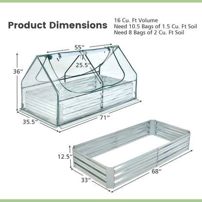 Giantex Galvanized Steel Raised Garden Bed with Mini Greenhouse, Outdoor Metal Planter Box Kit with Large Roll-up PVC Cover, 71"x 35.5"x 36" Planter Raised Bed for Growing Flower Herb Vegetable Fruit