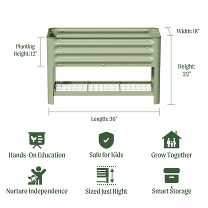 Elevated Raised Garden Bed for Kids Toddler, 16"(W) x 36" (L) x 22"(H) Outdoor Planters Box with Legs & Storage Rack, Solid & Safe Raised Beds for Gardening Herbs Vegetables Flowers, Olive Green
