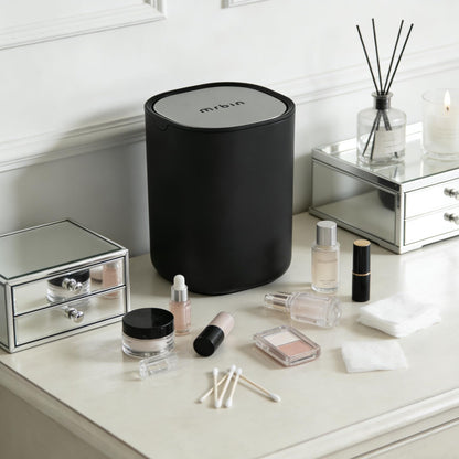 MRBIN Desk Mini Car Trash Can, 0.4 Gallon Table Top Plastic Waste Basket with Stainless Steel Lid, Small Garbage Bin for Bedroom, Coffee Bar, Vanity Countertop, Black