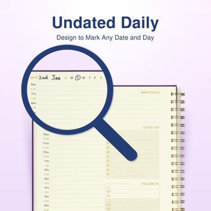 AuroPlanner Undated Daily Planner To Do List Hourly Schedule 2027 2026 2025 Calendar & Holiday Habit Tracker 180 Pages Letter Size 8.5" x 11" Sheets Hardcover Spiral Bound Notebook (Purple Indigo)