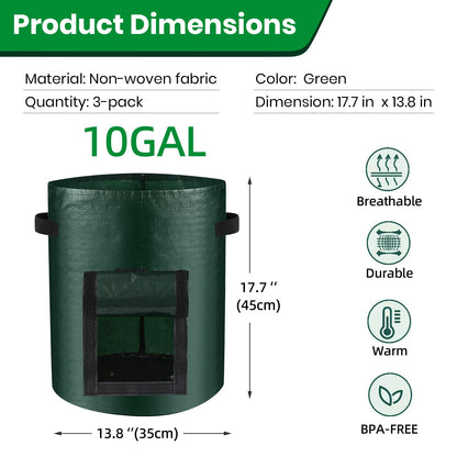 BIJOKETTEN 10 Gallon 3-Pack Potato Grow Bags, Heavy Duty PE Fabric Pots with Flap and Handles, Green Planter Bags for Potato Vegetables Outdoor Garden, 17.7''x13.8'' Large for All Plants Growing