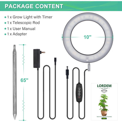 LORDEM 10" Full Spectrum Grow Light, 160 LEDs Plant Lamp for Indoor Plants, Grow Lamp with 4/8/12H Auto Timer, 6 Dimmable Levels, 3 Spectrum Modes, 65" Height Adjustable, Ideal for Large Tall Plants
